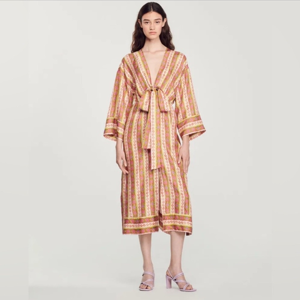 Sandro Caftan Dress With Flower Stripes Print Size 36 US size 4 NWT